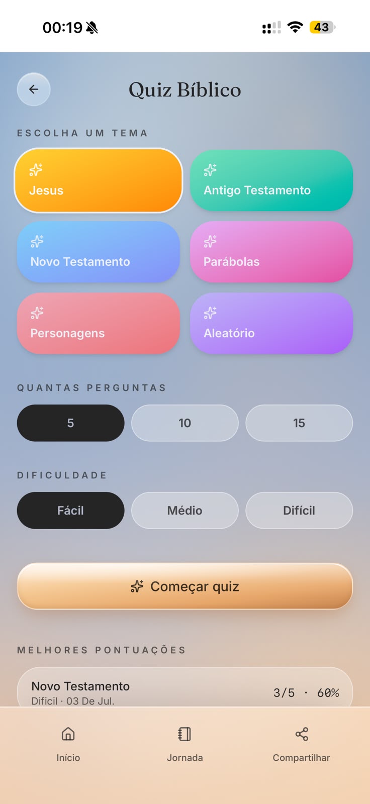 Menu de temas do Quiz Bíblico